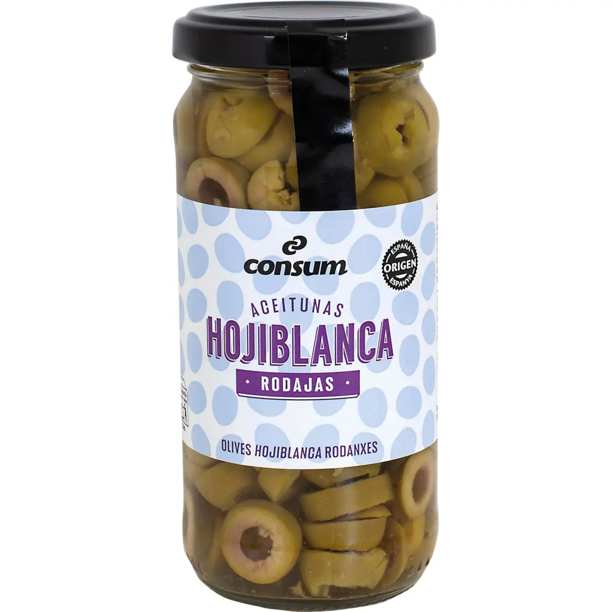 Sliced green olives in a jar Consum