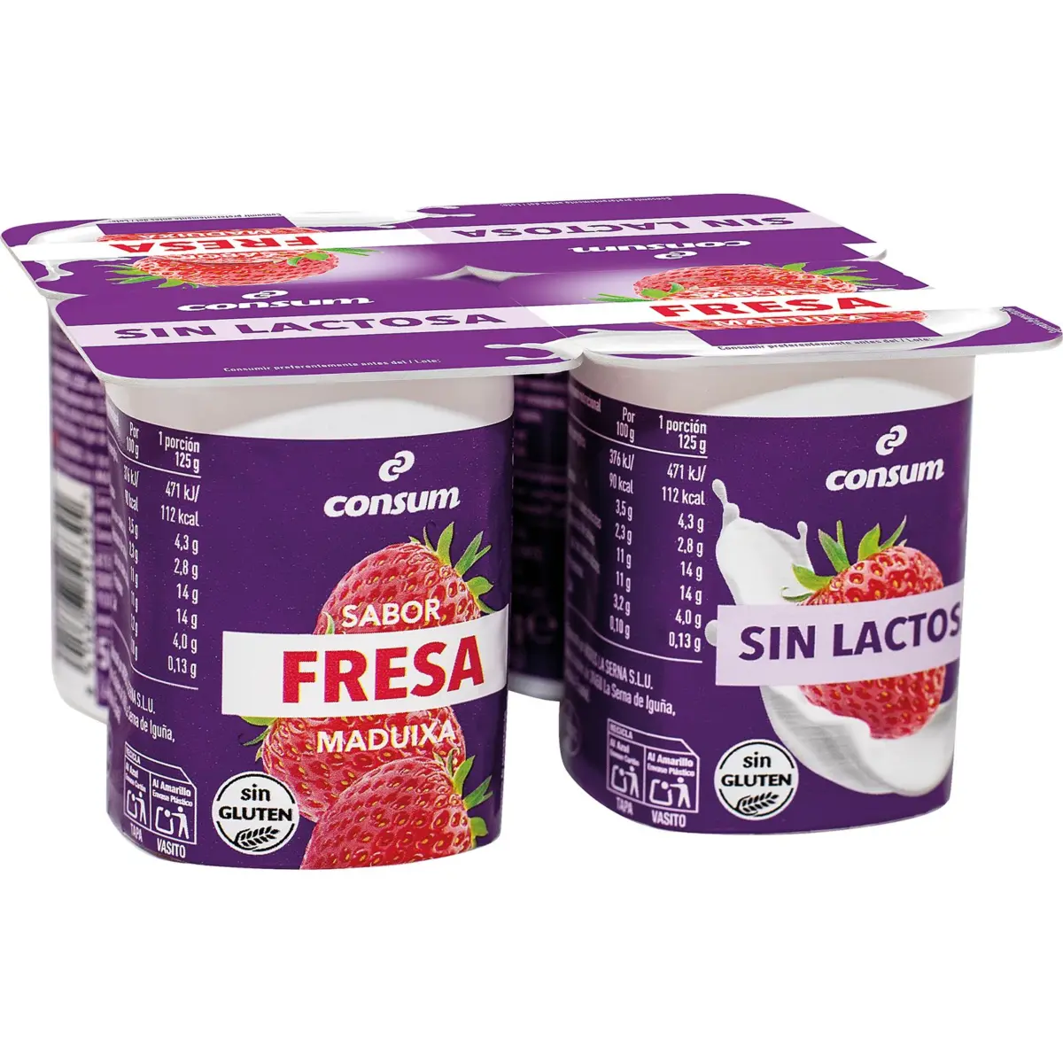 Laktosefreier Joghurt mit Erdbeergeschmack, 4er-Pack Consum