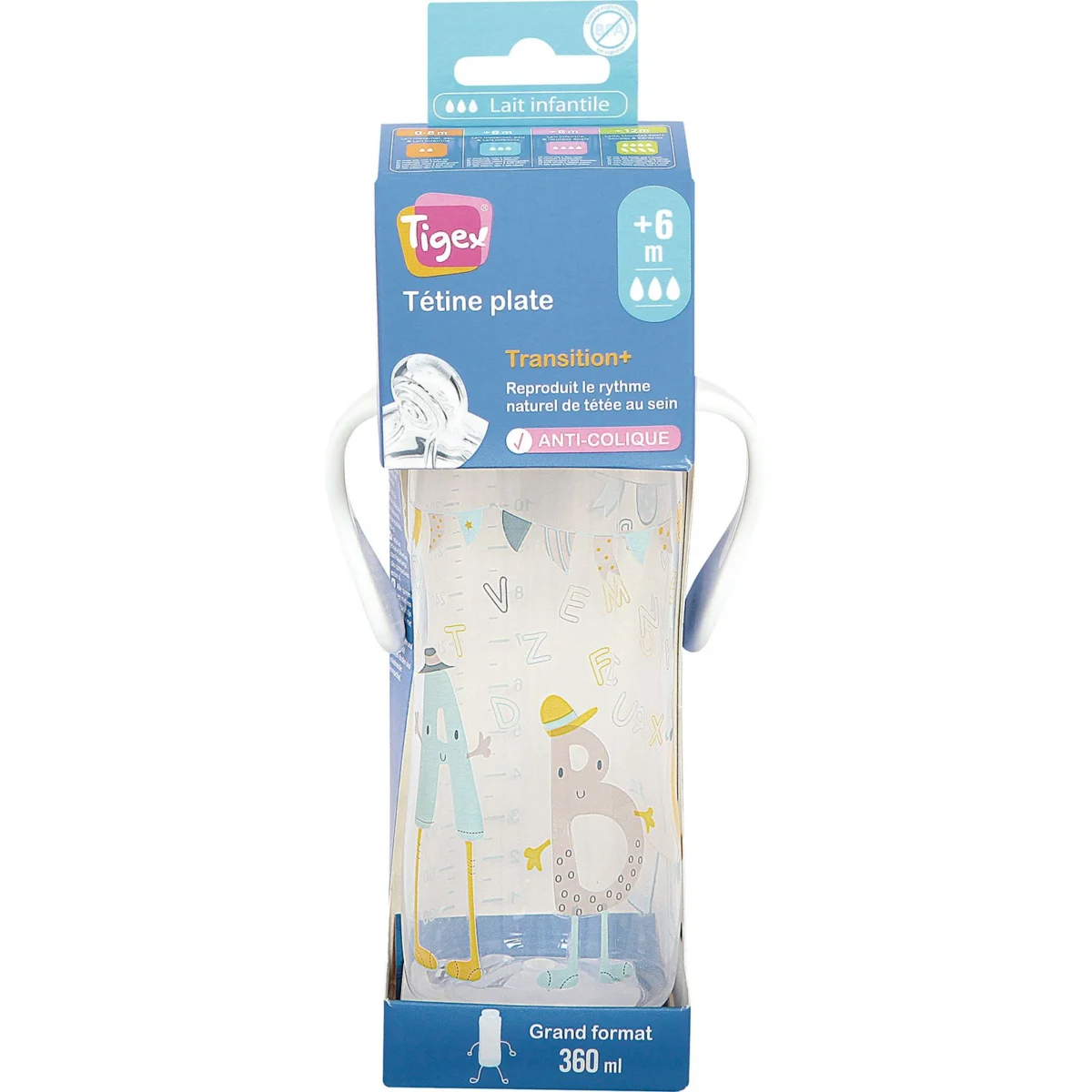 Fläschchen 360 ML + 6M mit flachem Silikonsauger Tigex