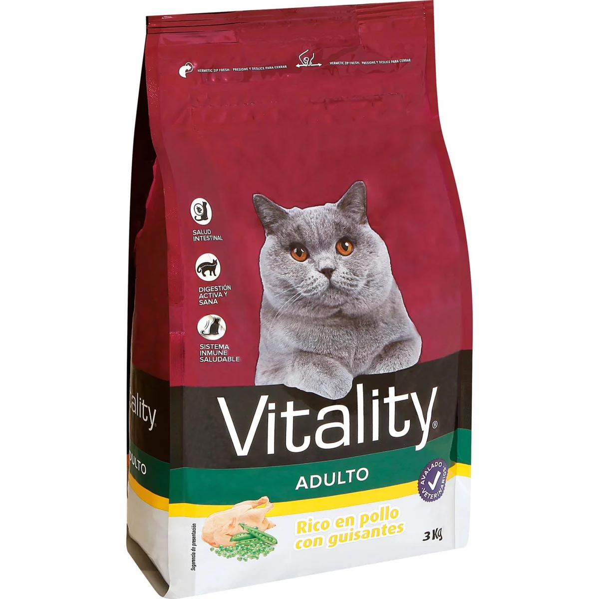 Aliment sec pour chats, riche en poulet et aux pois Vitality