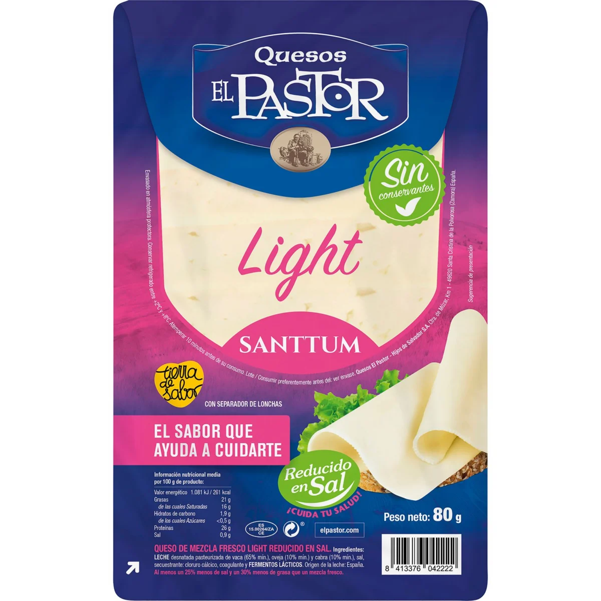 Formatge tendre light Santtum baix en sal a llesques El Pastor