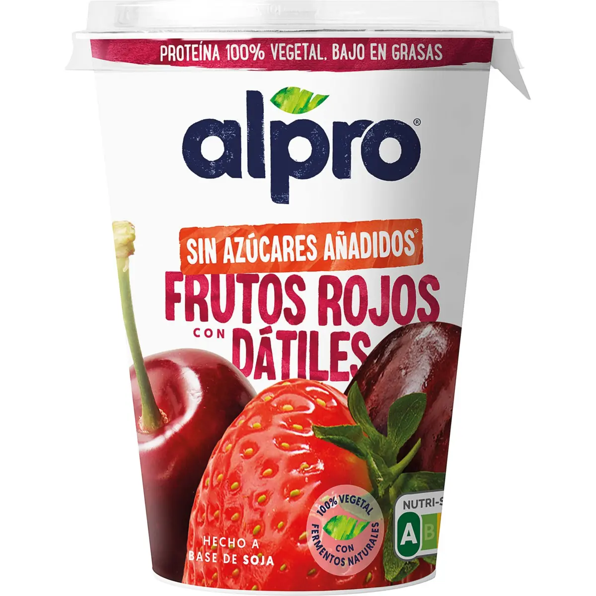 Postres de soja amb fruits vermells i dàtils, sense sucre Alpro