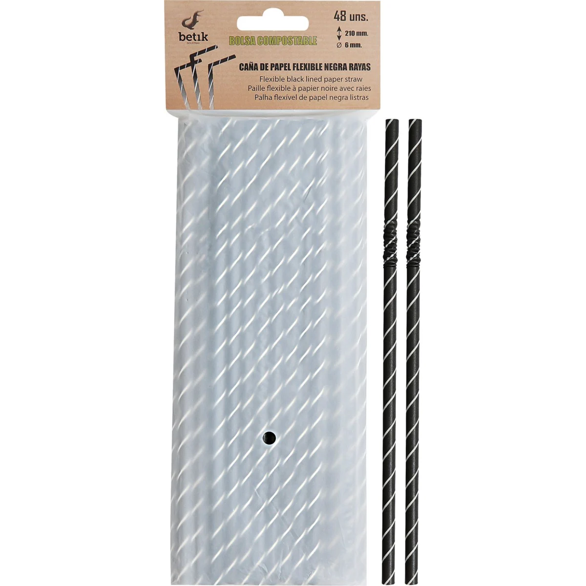 Paille en papier flexible à rayures noires et blanches Betik