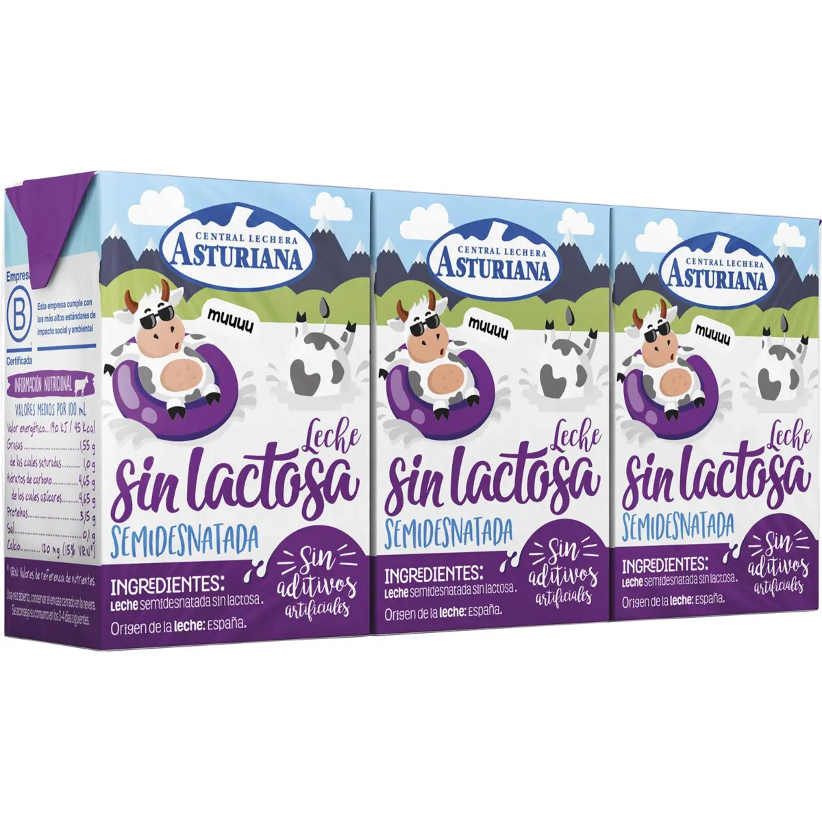 Llet semidesnatada sense lactosa, minibrick, pack de 3 Asturiana
