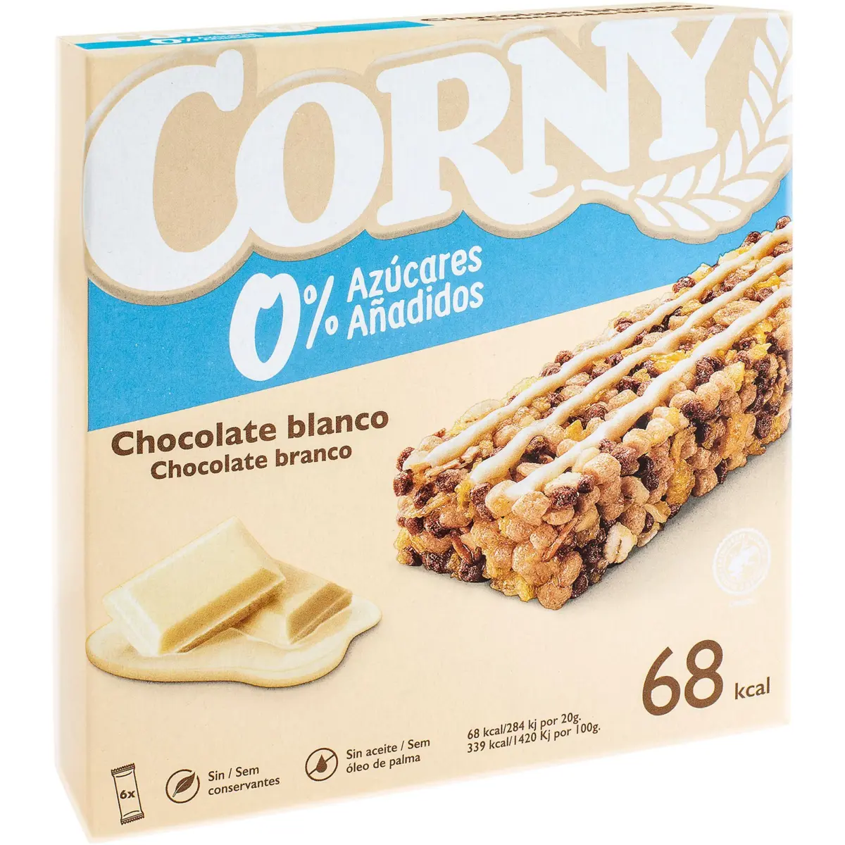 White chocolate cereal bars 0%, pack of 6 Corny
