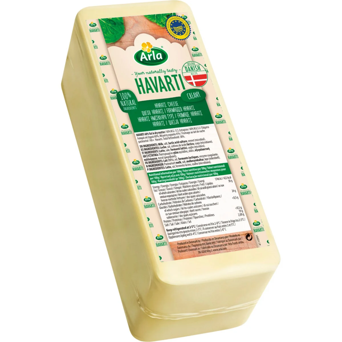 Formatge Havarti en barra de llet de vaca pasteuritzada Arla