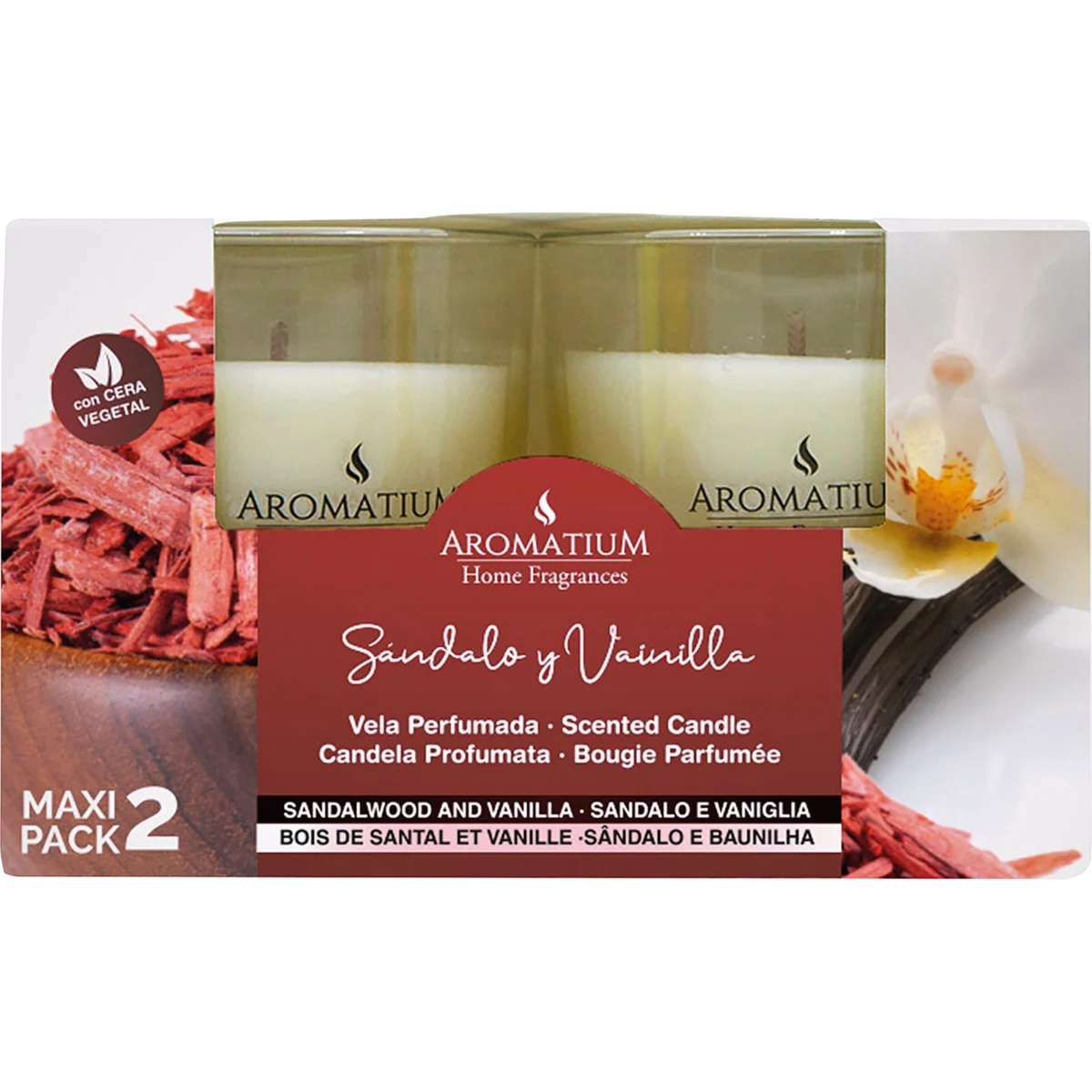 Set de gots amb espelmes maxi de sàndal i vainilla Aromatium