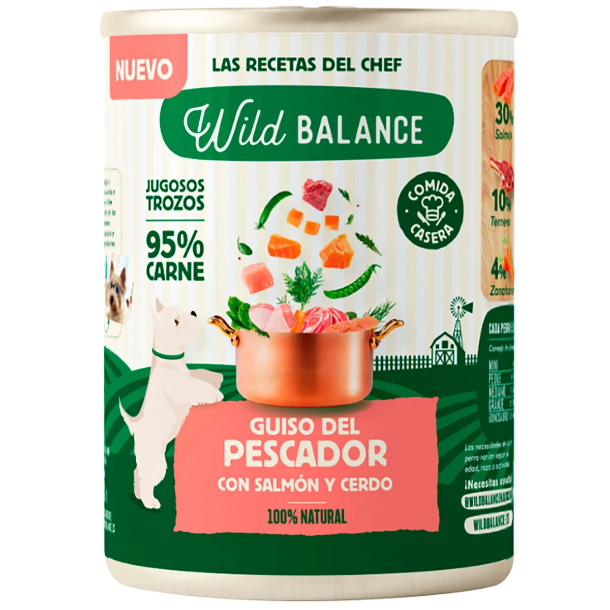 Menjar natural per a gossos, guisat de salmó i porc, llauna Wild Balance