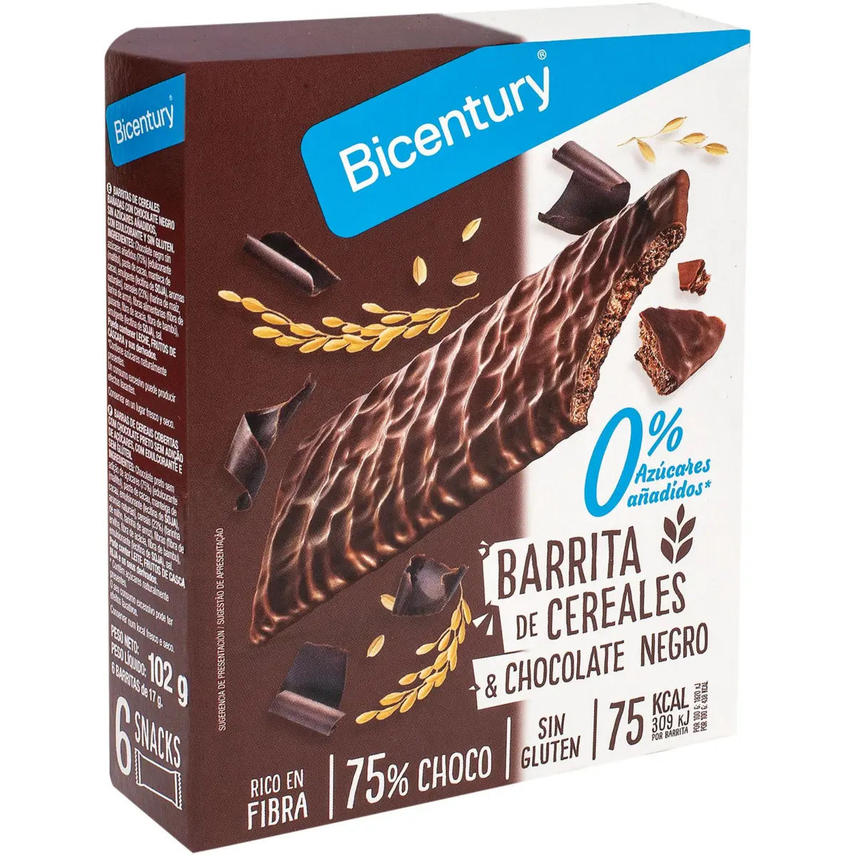 Snack mit Zartbitterschokolade und Getreide 0% Bicentury