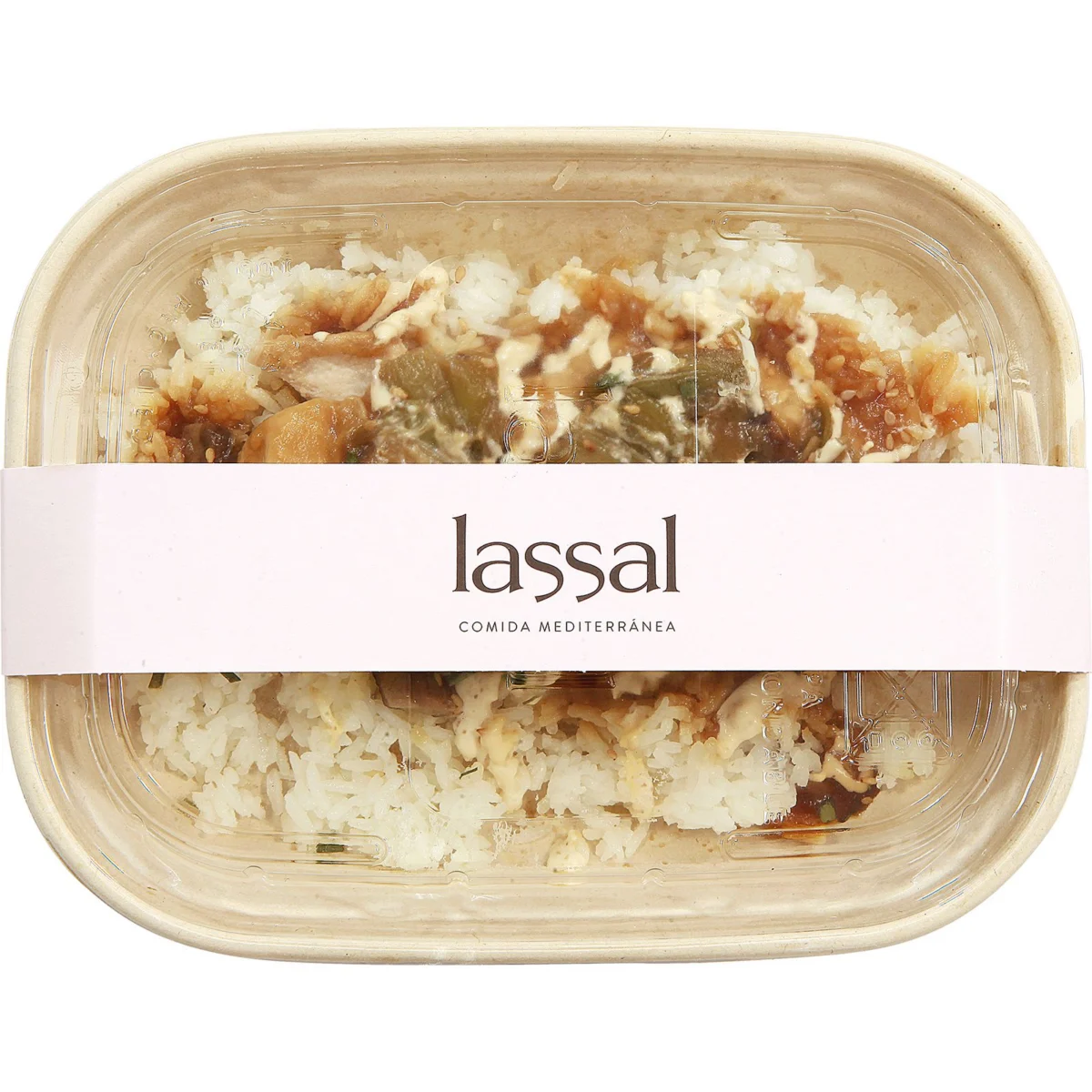 Pollastre teriyaki amb alls tendres, bolets i arròs Lassal