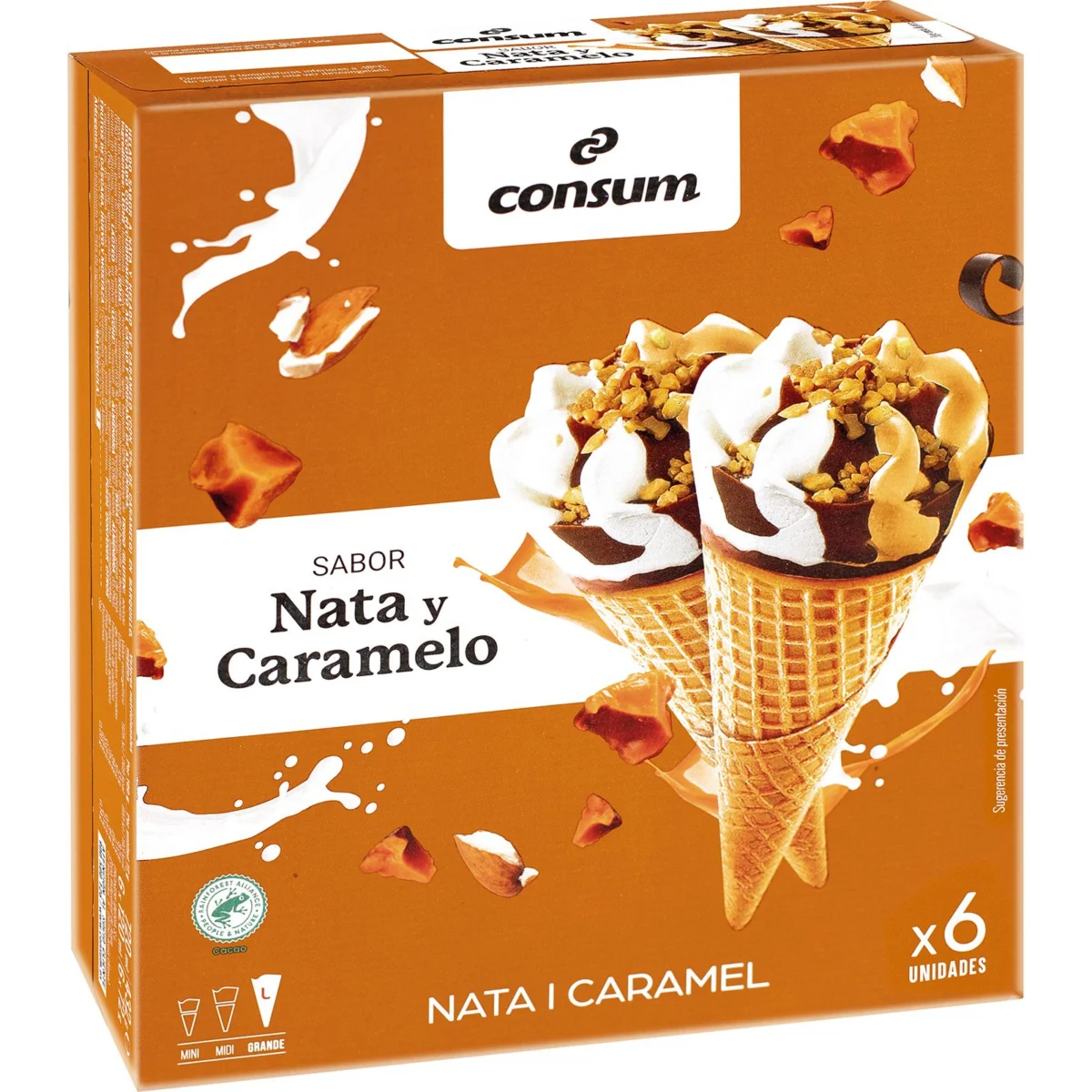 Cream and caramel cone, 6 units, Consum