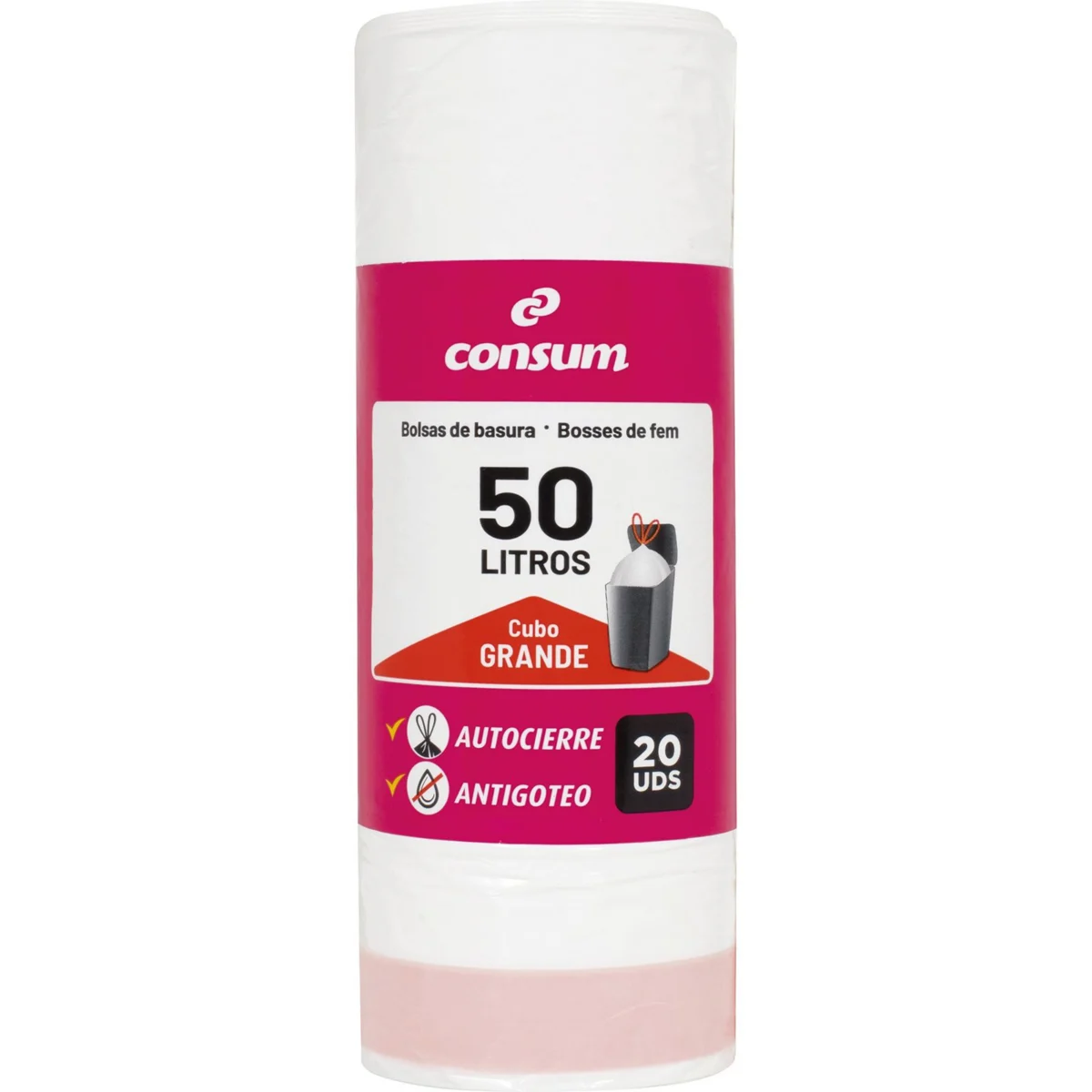 Bossa d’escombraries blanca amb autoc tancament, 50 Litros Consum