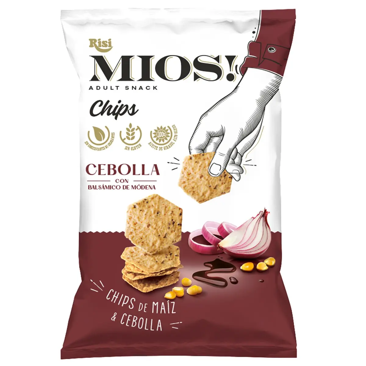 Xips de blat de moro amb ceba i vinagre de Mòdena Risi