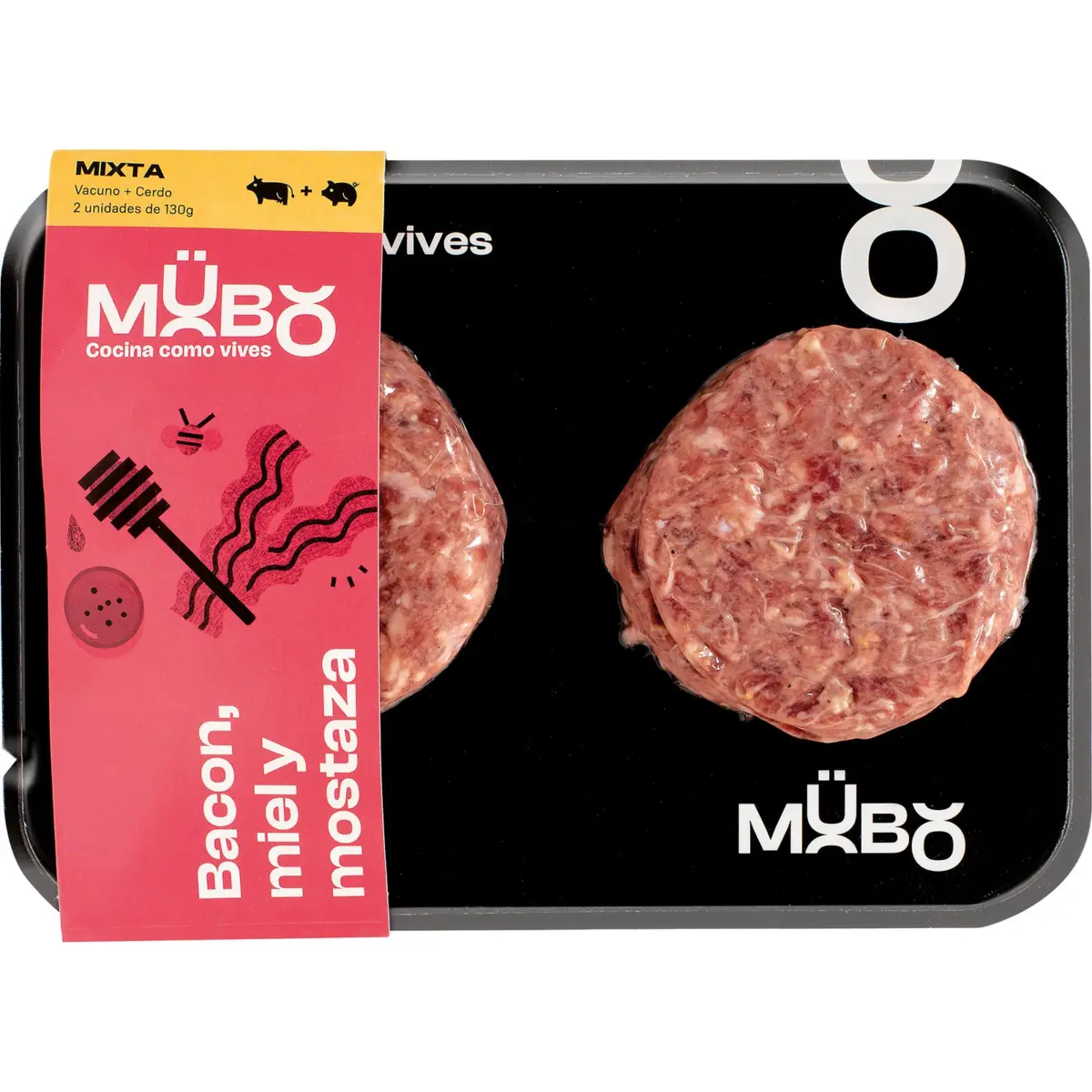 Burger mixt amb bacó, mel i mostassa Mübo